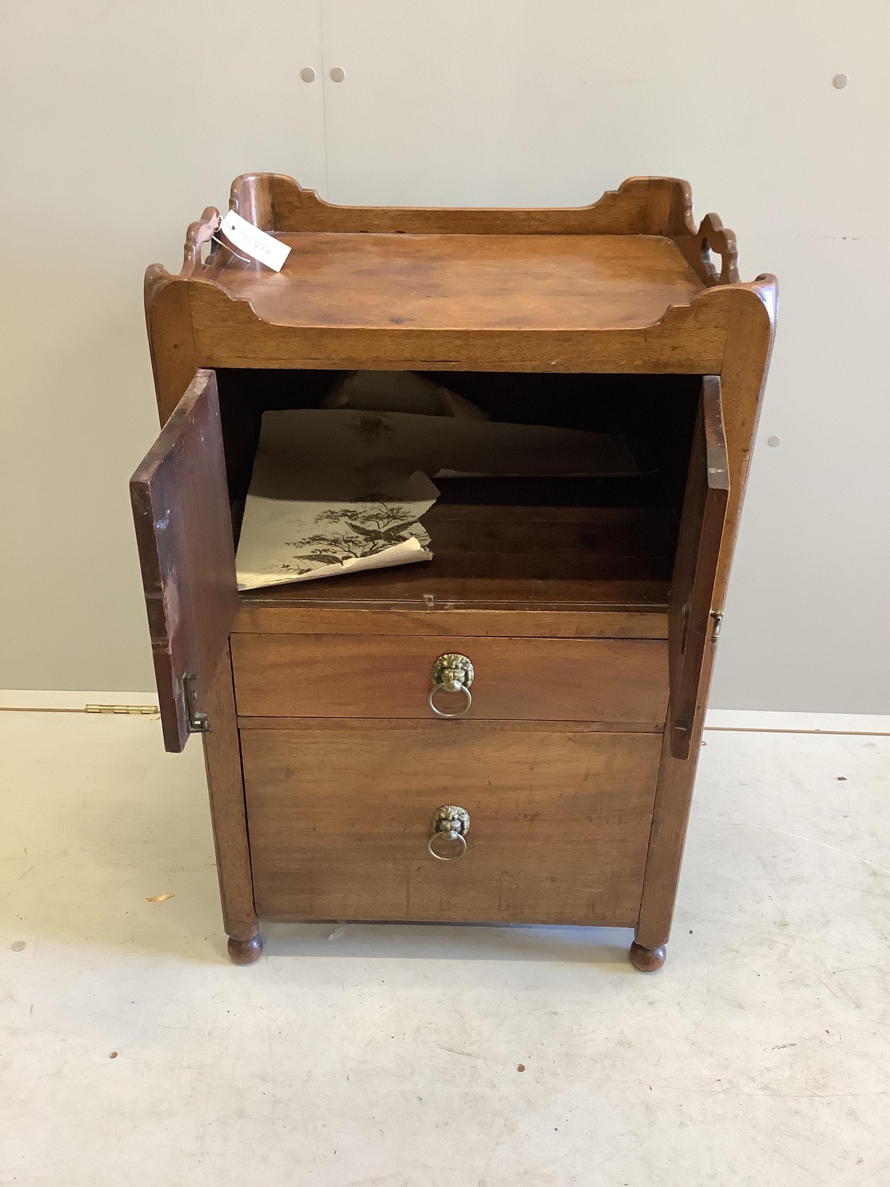 A Georgian mahogany tray top commode now converted with drawer and cupboard, width 50cm, depth 45cm, height 80cm